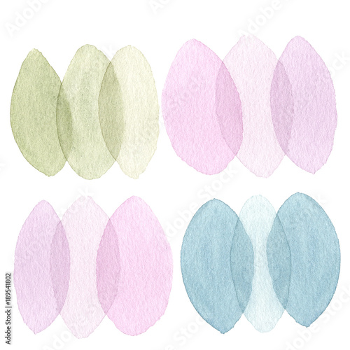 Decor watercolor set on white background. Rose, green, blue petals