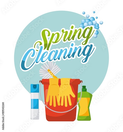 spring cleaning poster bucket air freshner gloves plastic bottle brush vector illustration