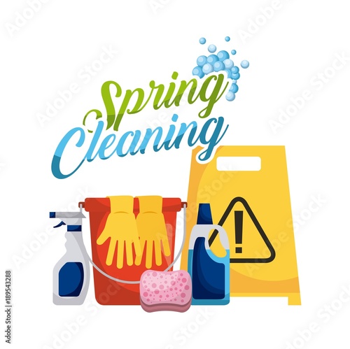 spring cleaning gloves bucket sponge spray and warning board vector illustration