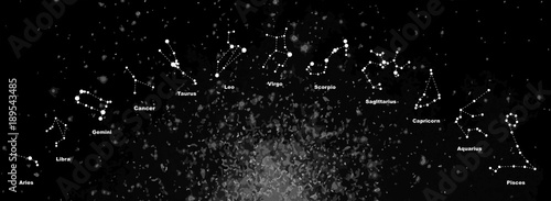 Raster illustration. Constellations of the zodiac signs, constellations, icons of the  stars on black background with titles. Glowing lines and points. Star chart, map. Deep space