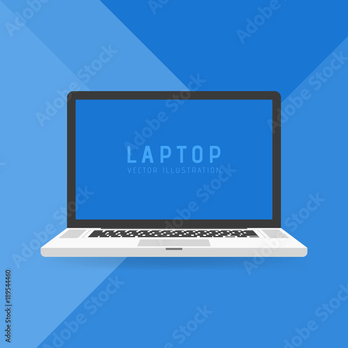 The white aluminium laptop on a blue material design background in flat style