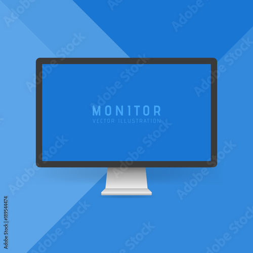Modern flat screen computer monitor. Digital display isolated on blue material design background. Vector illustration photo