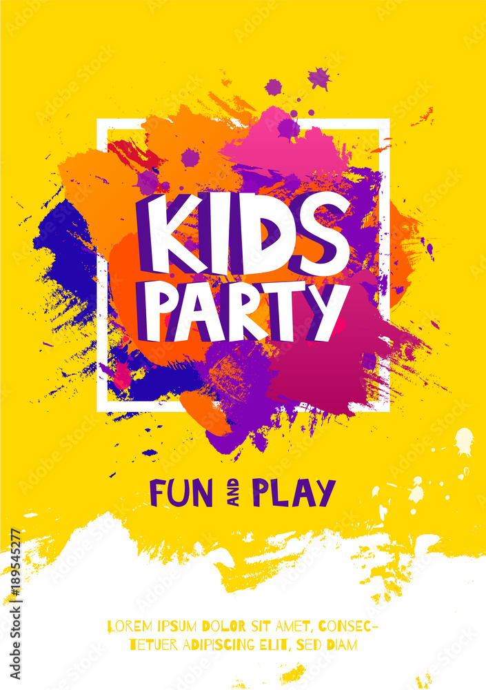 Naklejka premium Kids party letter sign poster. Cartoon letters and splashes in Grunge abstract paint brush colorful background. Vector flyer template illustration