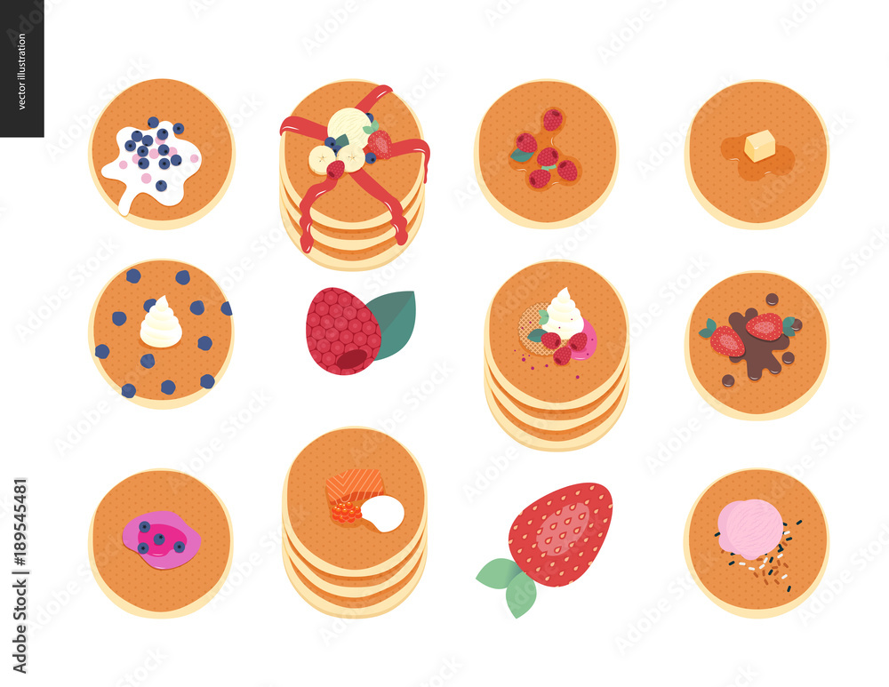 Set of various pancakes with berries, toppings and red fish Set of various pancakes with berries, toppings and red fish