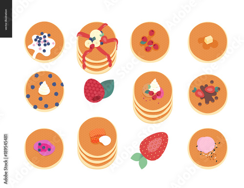 Set of various pancakes with berries, toppings and red fish