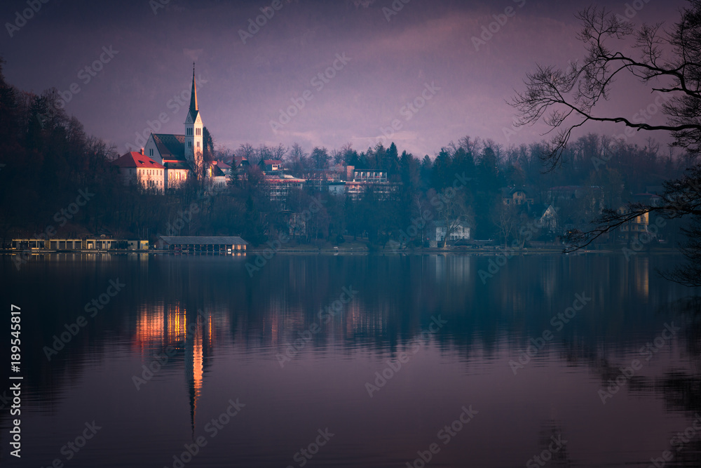The Church of St Martin pre-dawn, Lake Bled, Slovenia
