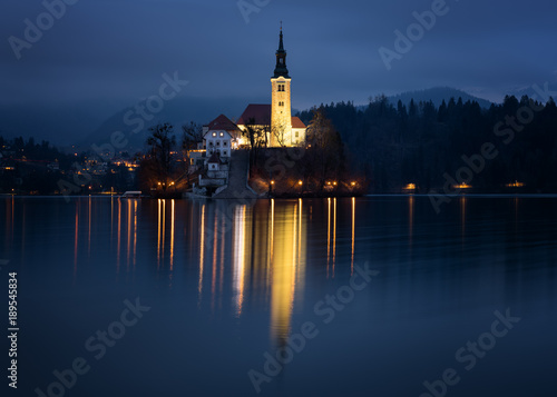 The Church of the Assumption at blue hour, Lake Bled, Slovenia, Europe