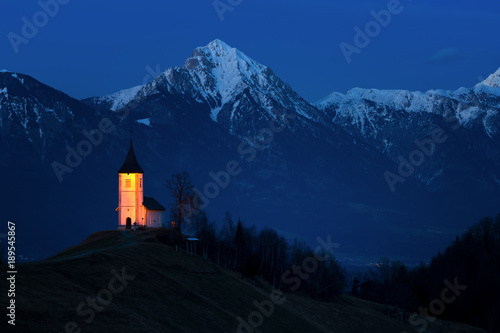 The Church of St Primoz at night, Jamnik, Slovenia