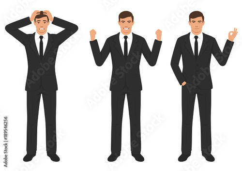 vector illustration of a man character expressions with hands gesture, cartoon businessman wit different emotion 