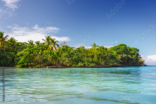 Caribbean scenic landscape, tropical green island in the blue sea © Sergey