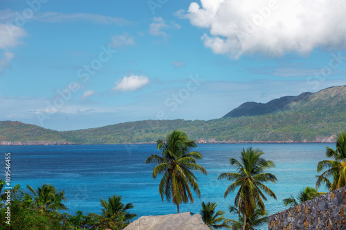 beautiful tropical landscape, Bay, green mountains, palm trees