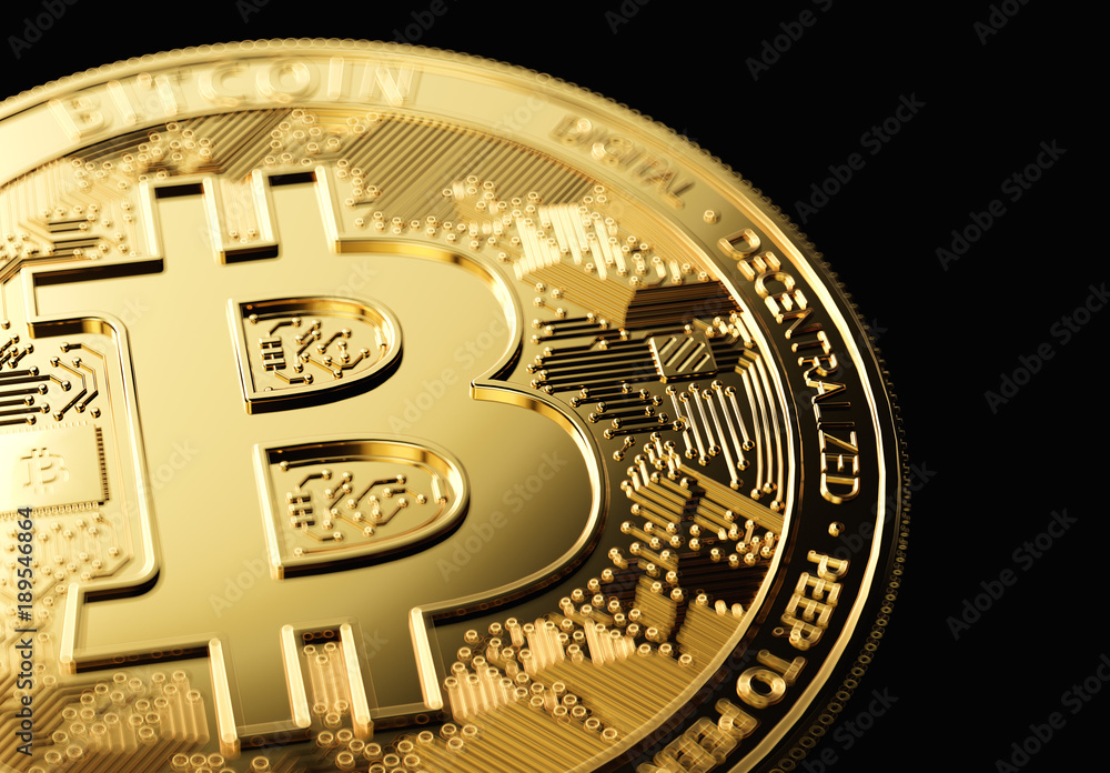 Golden Bitcoin in close-up shot on black background with copy space on the right. 3D rendering