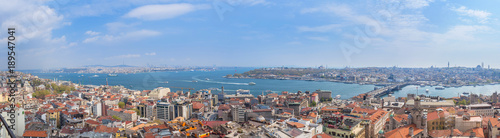 Panoramic Golden Horn sunset view with Blue Mosque and Hagia Sophia from Galata tower