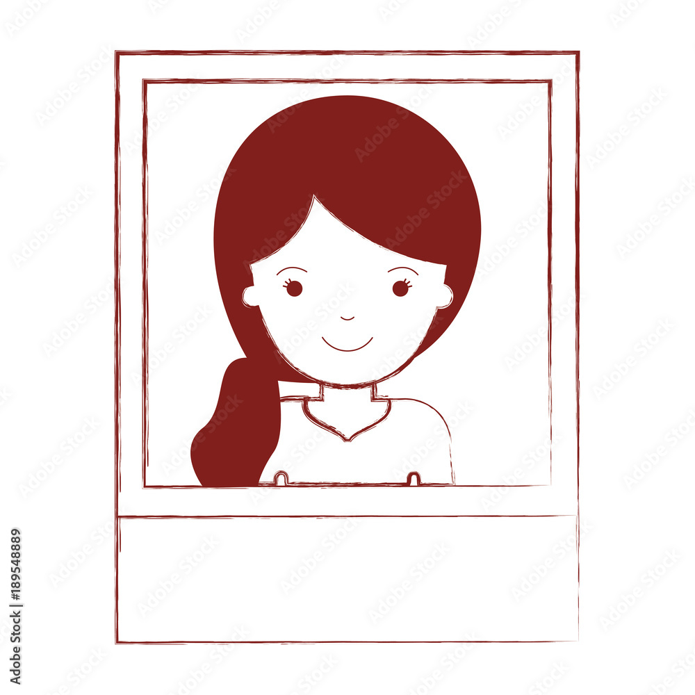 identification photo of woman with pigtail hairstyle in dark red blurred silhouette vector illustration