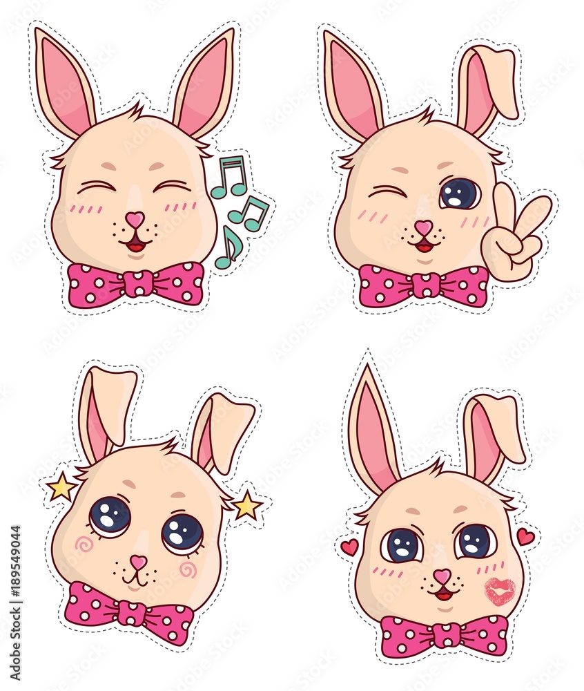 Vector stickers with cute little funny bunny emotions. Cute badges and stickers for children 