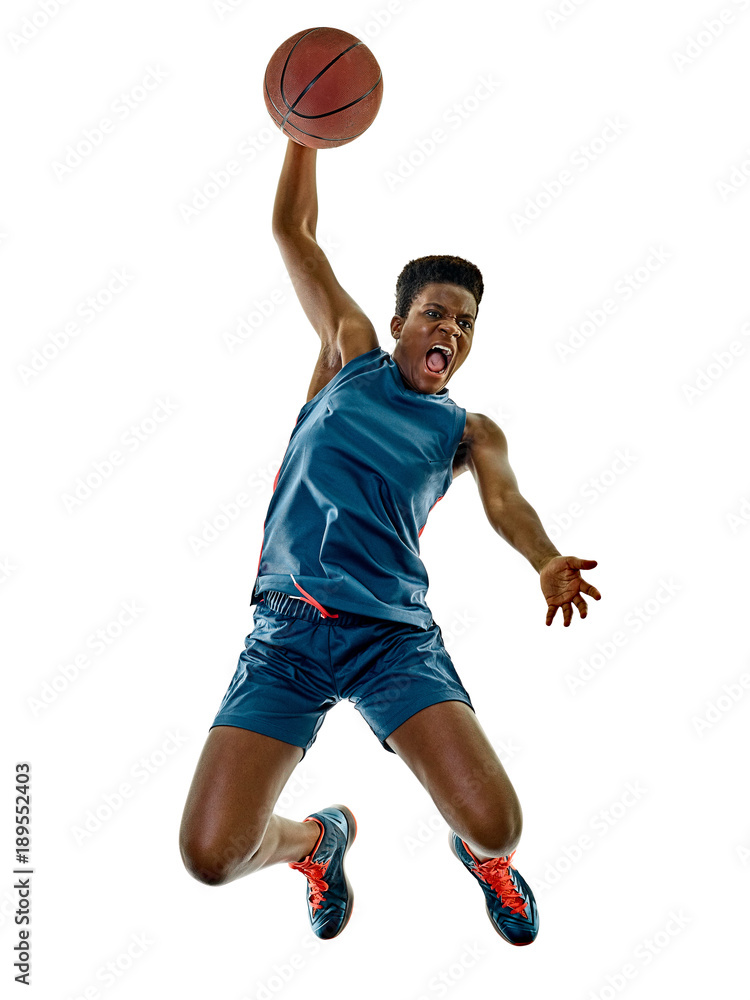 Fototapeta premium one african Basketball players woman teenager girl isolated on white background with shadows