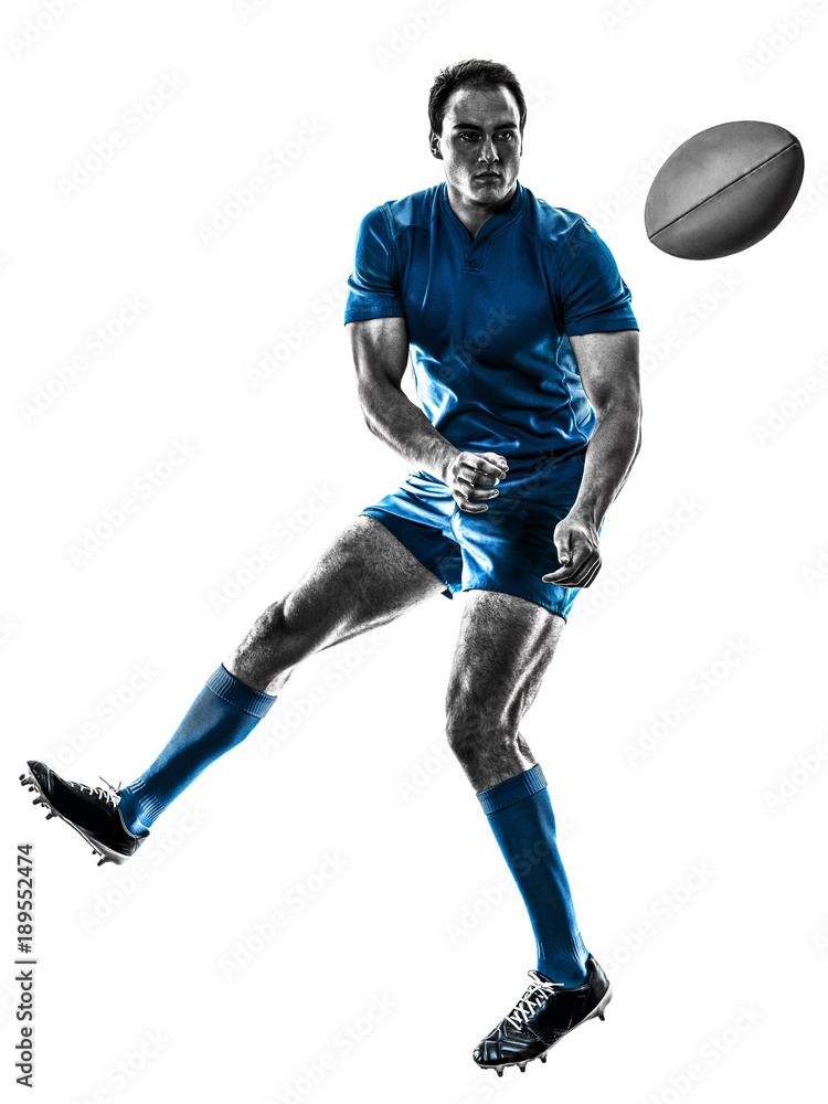 one caucasian rugby man player silhouette isolated on white background one caucasian rugby man player silhouette isolated on white background