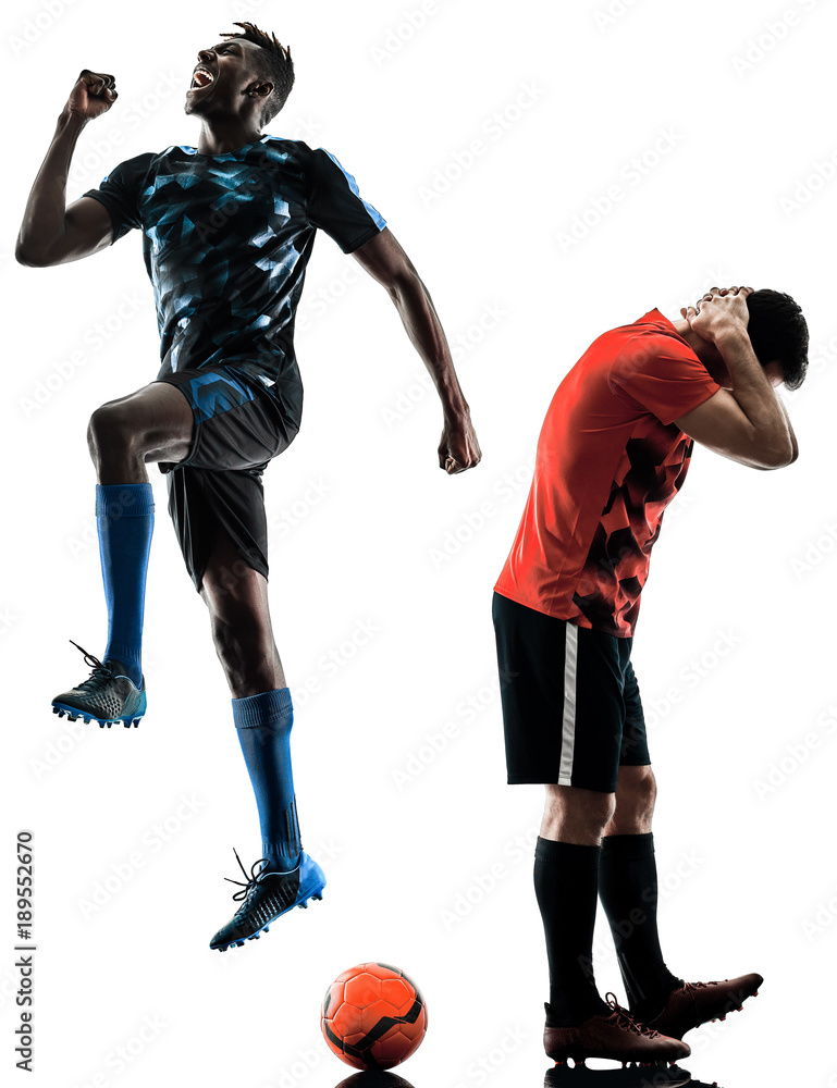 Fototapeta premium two soccer players men in studio silhouette isolated on white background