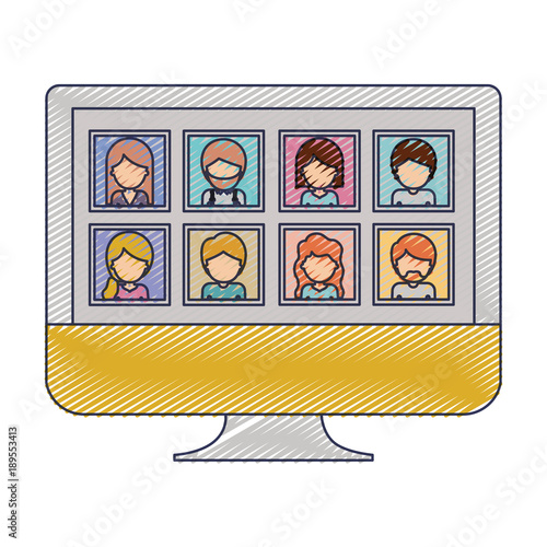 people gallery picture profiles social network in monitor screen in colored crayon silhouette vector illustration