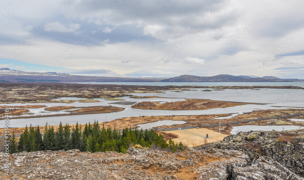 Iceland Thingvellir National Park Landscape with Large Lake and Distant Snow Covered Mountains