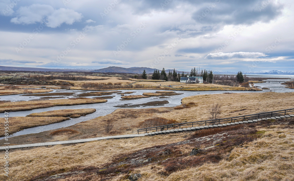 Thingvellir National Park, Iceland Stairs and Walkway Hiking Trail Thingvellir National Park, Iceland Stairs and Walkway Hiking Trail