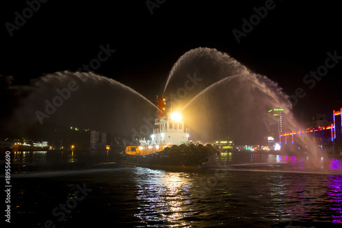 Taiwan Keelung Port, Chinese New Year or holidays, the towing vessel will whistle spray water column to celebrate the festival,