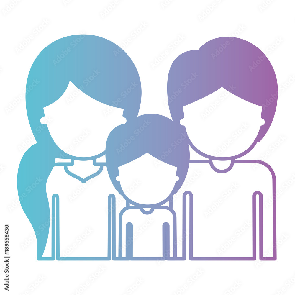 half body faceless people with woman with pigtail hairstyle and man and boy both with short hair in degraded blue to purple color silhouette vector illustration half body faceless people with woman with pigtail hairstyle and man and boy both with short hair in degraded blue to purple color silhouette vector illustration