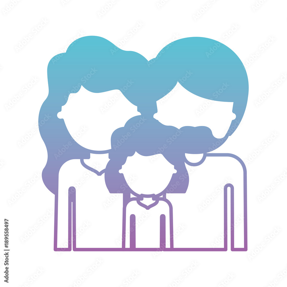 half body faceless people with woman and girl with wavy hair and man with beard in degraded blue to purple color silhouette vector illustration