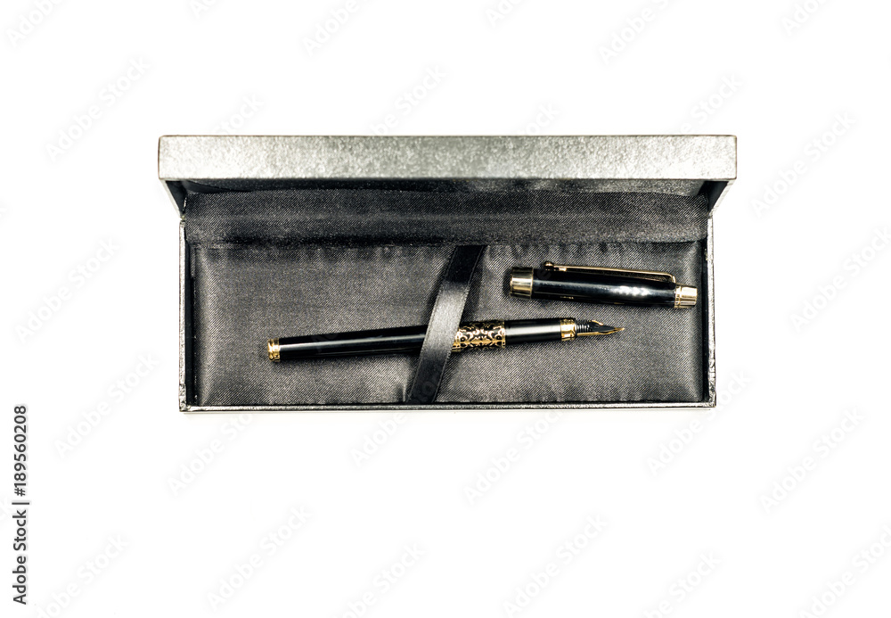 luxury black ink pen in the box isolated on white - obrazy, fototapety, plakaty 