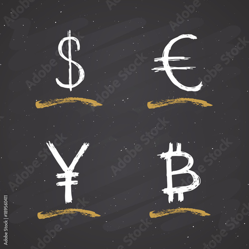 Dollar, Euro, Yen and Bitcoin sign icon brush lettering, Grunge calligraphic symbols, vector illustration on chalkboard background