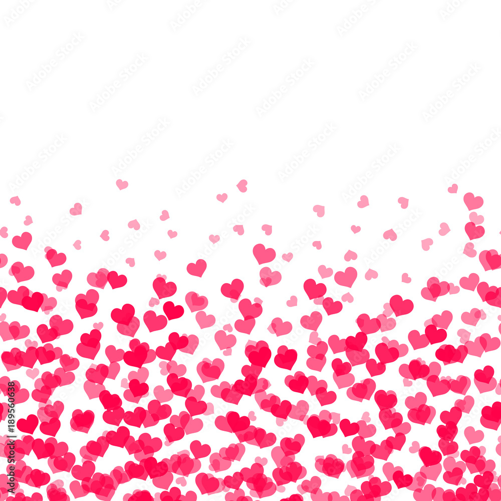 Valentine's greeting card with falling red hearts on white background. Vector