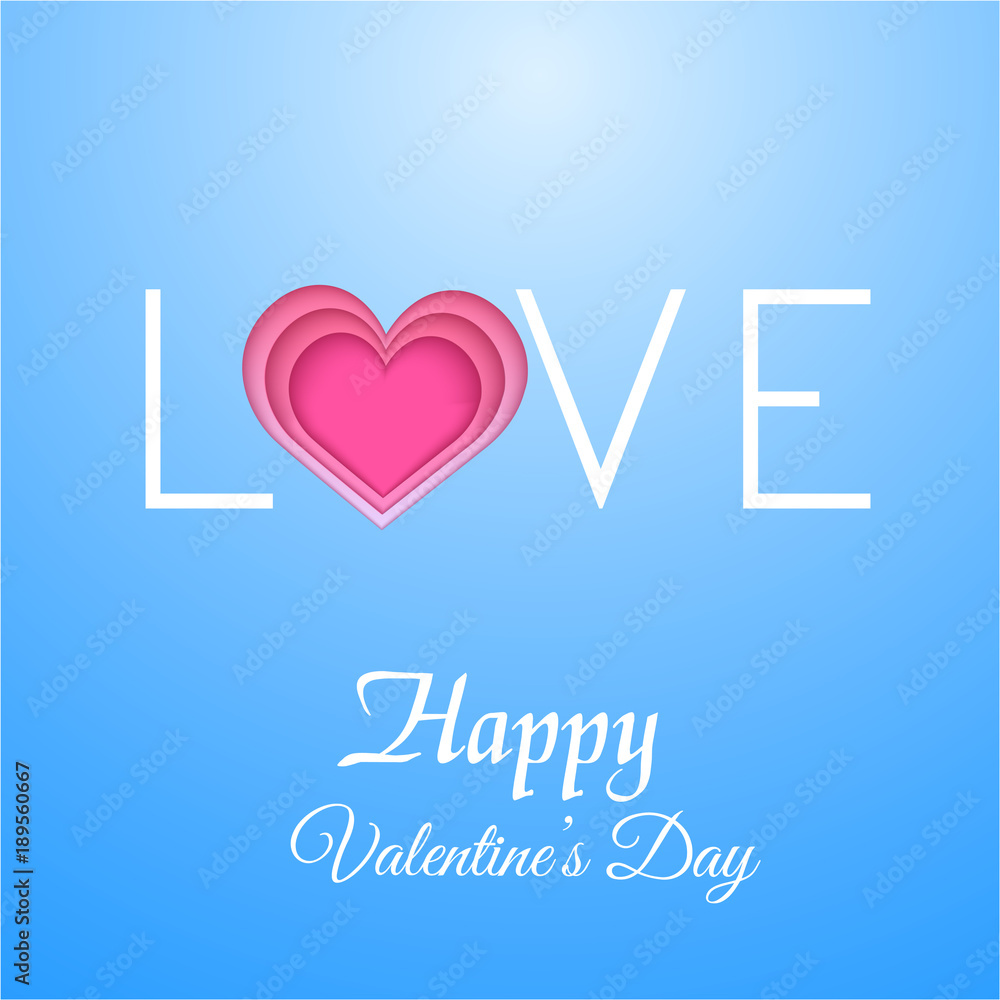 Valentine's greeting card with paper cut out pink heart and word love. Vector