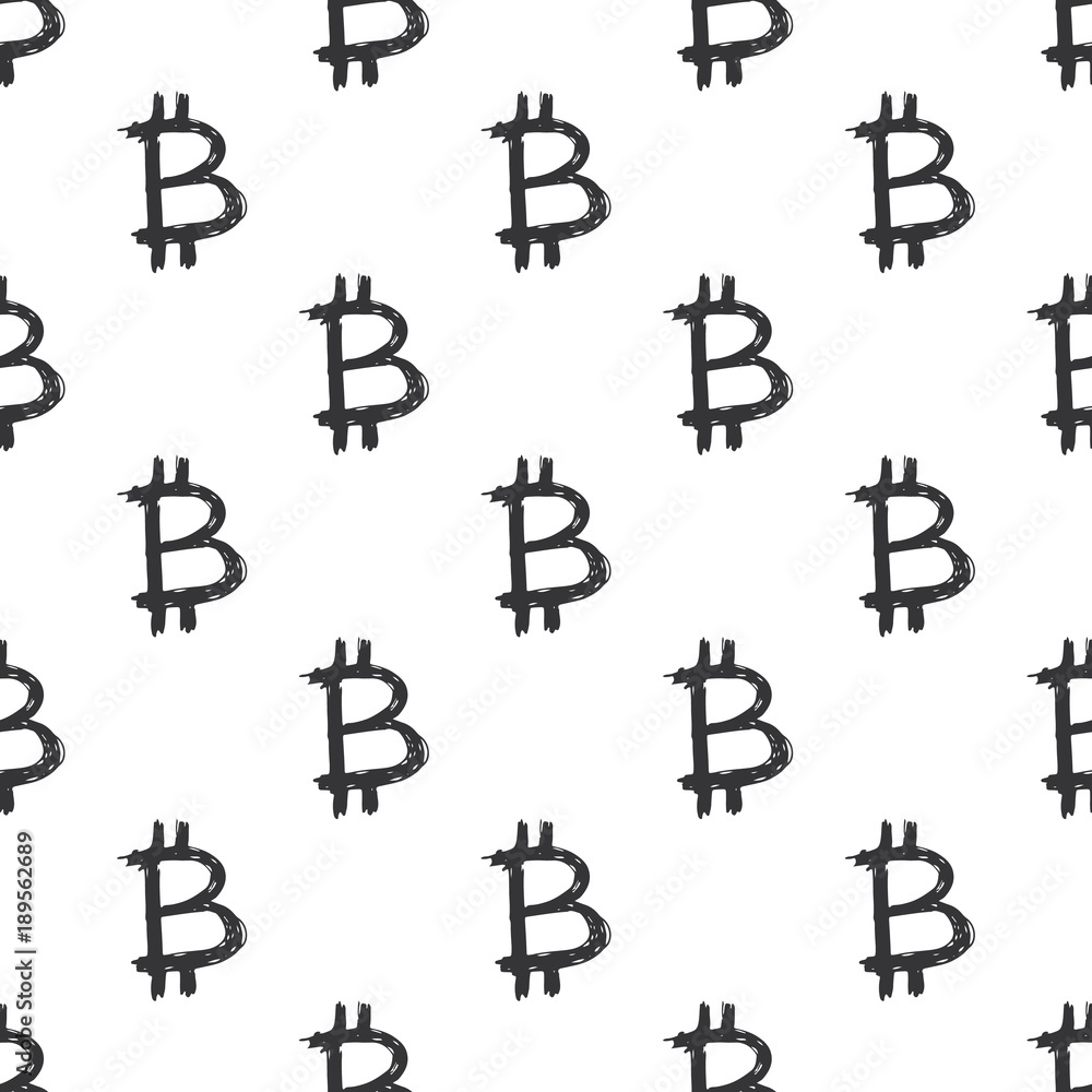 Bitcoin sign icon brush lettering seamless pattern, Grunge calligraphic symbols background, vector illustration