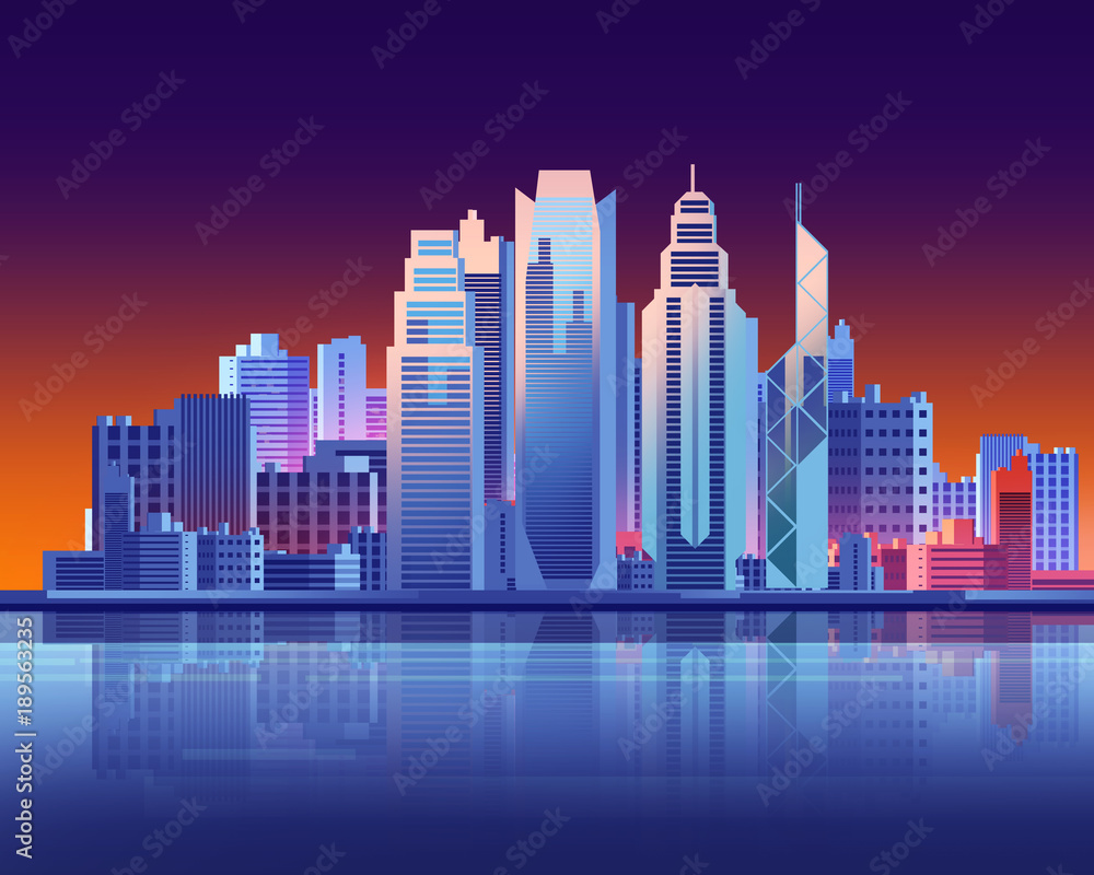 Naklejka premium Hong Kong skyscraper city flat graphic style illustration.