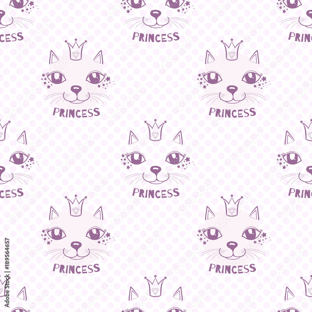 Vector seamless cute graphical cats print, muzzle, mustache, ears, crown, eyes