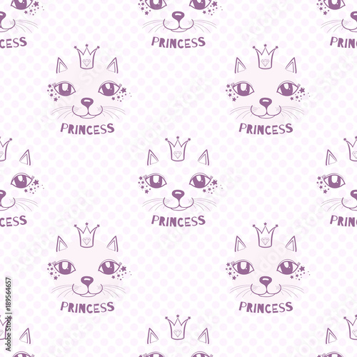 Vector seamless cute graphical cats print, muzzle, mustache, ears, crown, eyes