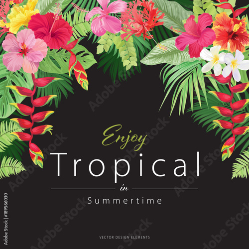 Beautiful tropical background with hibiscus flowers and bird of paradise. Vector set of blooming tropical floral for holiday's background, wedding invitations and greeting card design.