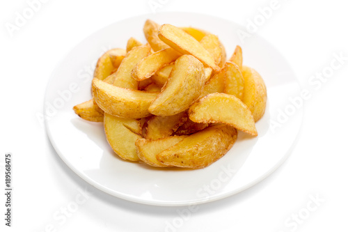 French fries on a white plate, on a white background