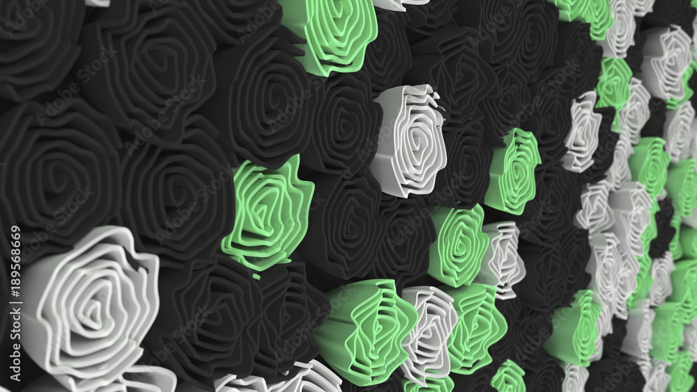 Pattern from black, white and green flowers