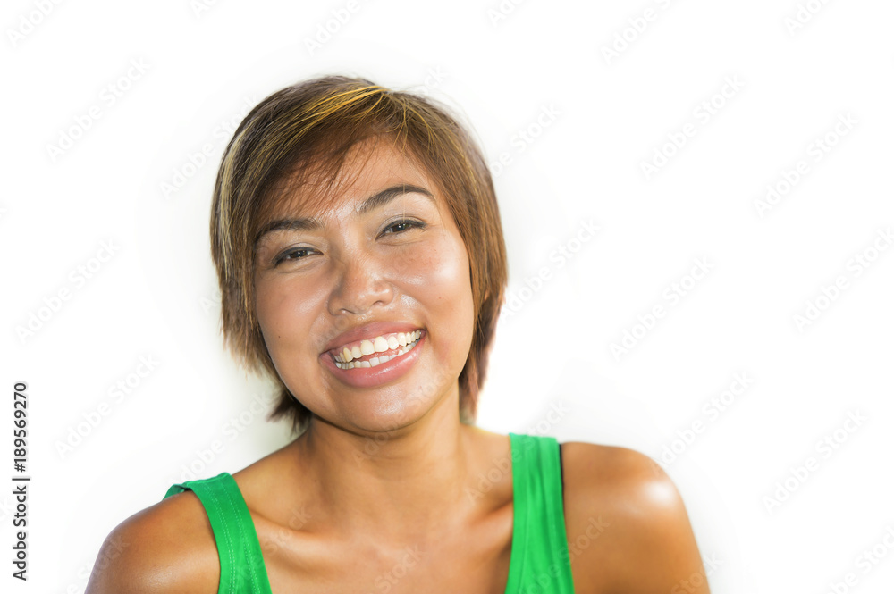 young beautiful and happy Asian Singaporean or Malay woman smiling joyful and pretty isolated on white background young beautiful and happy Asian Singaporean or Malay woman smiling joyful and pretty isolated on white background