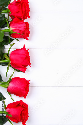 Pink roses on a white wooden table. Copy space for text. Template for March 8, Mother's Day, Valentine's Day.