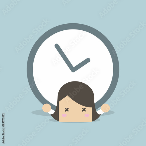 Businesswoman with big clock over her back.