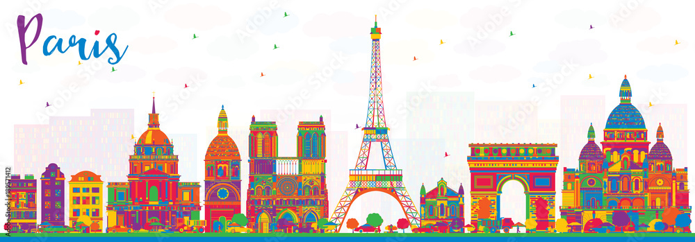 Paris France City Skyline with Color Buildings.