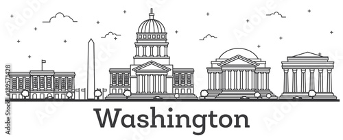 Outline Washington DC USA City Skyline with Modern Buildings Isolated on White.