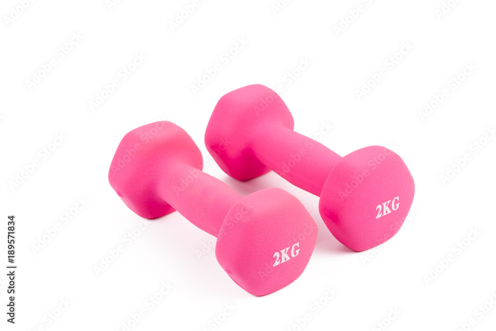 Close-Up Of Pink Dumbbells On White Background Close-Up Of Pink Dumbbells On White Background