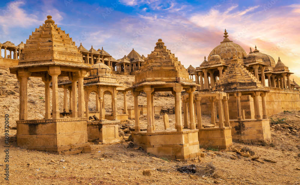 Ancient royal cenotaphs and archaeological ruins at Jaisalmer Bada Bagh Rajasthan, India.	