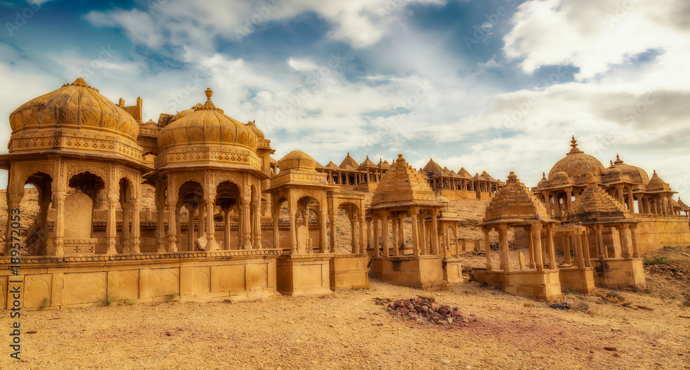 Historic royal cenotaphs and archaeological ruins at Jaisalmer Bada Bagh Rajasthan, India.