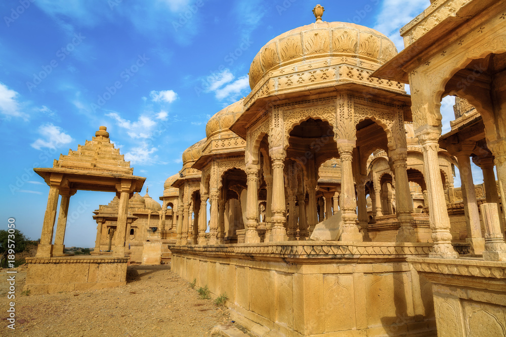 Ancient royal cenotaphs and archaeological ruins at Jaisalmer Bada Bagh Rajasthan, India.