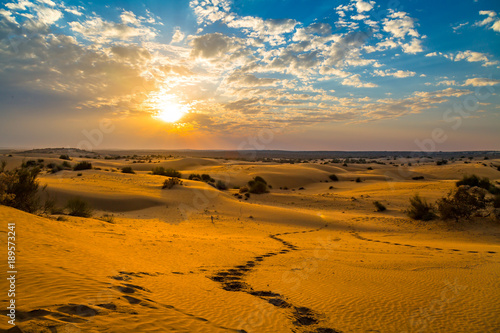 Jaisalmer Thar desert at sunset with moody vibrant sky.