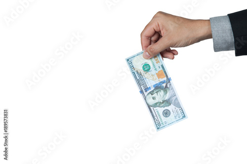 Dollar on hand businessman isolated on white background with space on your copy.